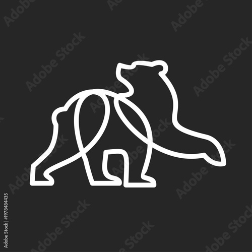 Continuous Line Art Bear Vector Illustration on Black Background. Minimalist Animal Logo Design