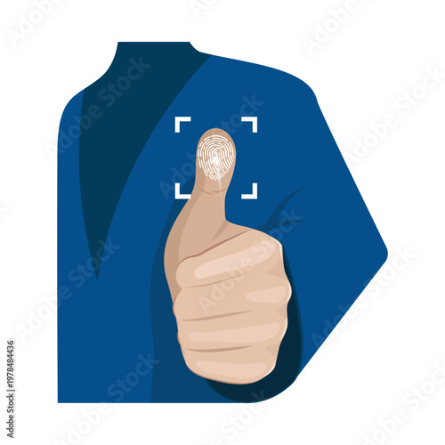 Vector illustration of a businessman showing thumbs up gesture with fingerprint scanning and biometric recognition frame
