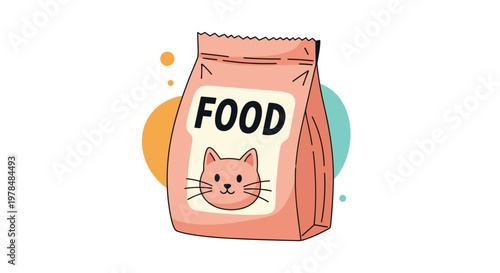 Cute illustration of a pink cat food bag featuring a happy cat face against a background of abstract colored circles and decorative dots.