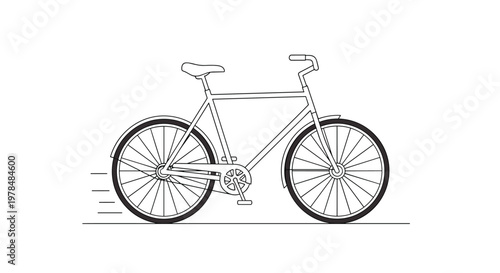 Simple line drawing of a classic bicycle in rapid motion with horizontal speed lines trailing behind the back wheel.