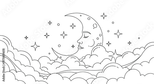 Dreamy line drawing of a crescent moon with a peaceful sleeping face floating among fluffy clouds and twinkling stars.