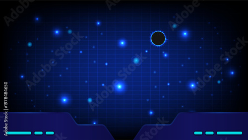 Digital cockpit view featuring a blue glowing grid, bright stars and a black planet in deep space