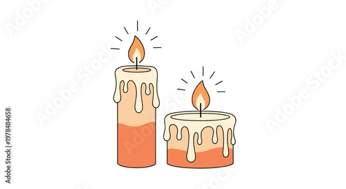 Detailed illustration of two burning wax candles of different heights with melting wax drippings and glowing flames.