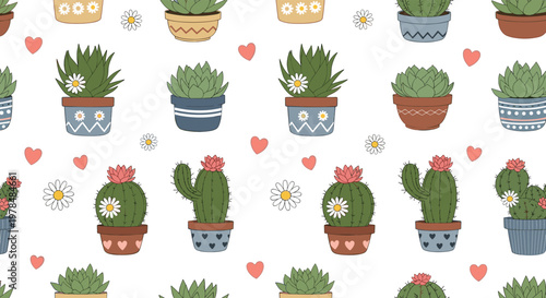 Seamless pattern featuring a variety of green cacti and succulent plants in decorative pots with small hearts and daisies.