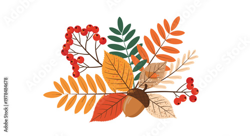 Autumn season composition showcases a variety of fallen leaves in orange and yellow tones arranged around a small brown acorn.