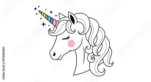 Majestic unicorn head with a rainbow colored horn and sparkling stars features a soft purple mane in a whimsical fantasy style.