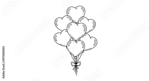 Heart shaped balloons tied together with a ribbon bow are shown in a simple black and white line drawing for romantic occasions.