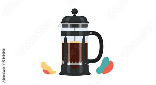 Modern French press coffee maker contains dark brewed coffee and is surrounded by abstract colorful organic shapes for style.