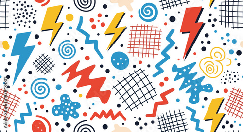 Vibrant abstract pattern features lightning bolts squiggles and dots in a retro nineties style with a white background.