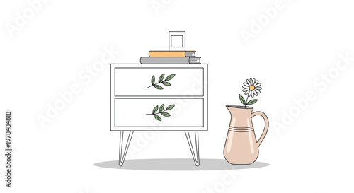 Simple nightstand furniture features two drawers and thin legs with books and a picture frame on top next to a floral vase.