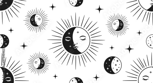Celestial seamless pattern showcasing suns and moons with human faces surrounded by twinkling stars in black and white.