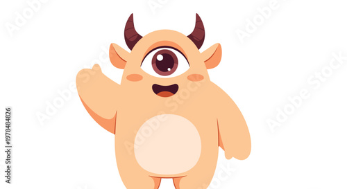 Friendly one-eyed orange monster with horns waving a hand in a cheerful greeting cartoon character illustration.