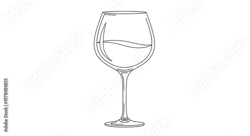 Minimalist line drawing of a wine glass partially filled with a liquid showing a gentle wave on a white background.
