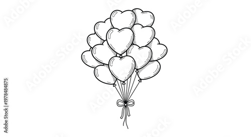 Bundle of heart shaped balloons tied with a ribbon bow in a detailed line art style for romance or celebration.