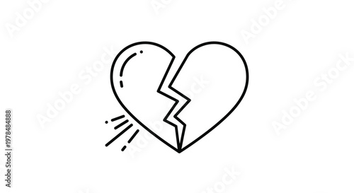 Minimalist black and white icon of a broken heart with a jagged crack representing sadness or a failed romance.