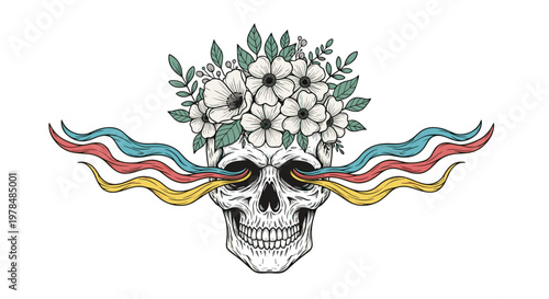 Stylized human skull adorned with a crown of blooming flowers and vibrant colorful waves flowing from the eye sockets in a vintage style.
