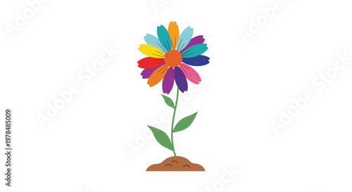 Single vibrant flower with multi-colored petals growing from a patch of brown soil in a simple graphic illustration on a white background.