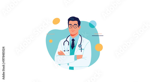 Professional portrait of a male doctor wearing a white coat and stethoscope inside a circular frame with modern abstract geometric shapes.