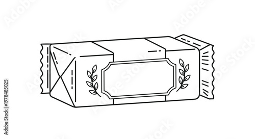 Detailed black and white line art illustration of a wrapped block of butter with a decorative label featuring laurel leaves for kitchen use.