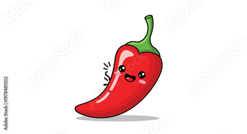 Adorable cartoon chili pepper character with a happy smiling face, blushing cheeks, and a lively expression on a clean white background.