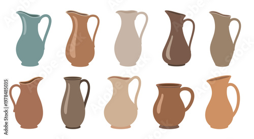 Diverse collection of ceramic pitchers and jugs in various classic silhouettes and earthy color tones of brown, beige, and soft blue-gray.
