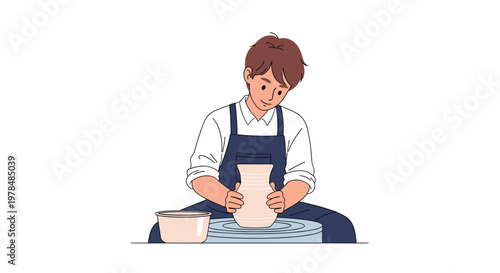 Young man shaping a large clay vase on a rotating pottery wheel in a clean minimalist vector illustration style against a white background.