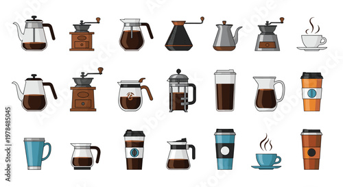 Comprehensive set of coffee brewing equipment including grinders, kettles, French press, pots, and various types of mugs and cups.