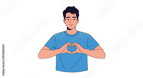 Young man in a blue t-shirt making a heart shape with his hands over his chest with sparkling golden confetti in a joyful loving gesture.