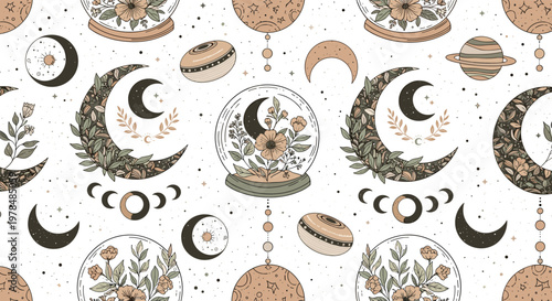Mystical seamless pattern featuring crystal balls with flowers inside, crescent moons with leaves, and planets in a vintage artistic style.