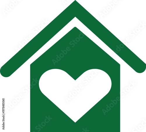 Green house icon with heart shape, eco friendly home symbol vector, sustainable real estate logo, ecological housing concept for charity and care