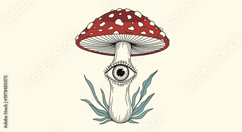 Surreal vintage-style illustration of a large red fly agaric mushroom with a human eye on its stem surrounded by blades of forest grass.