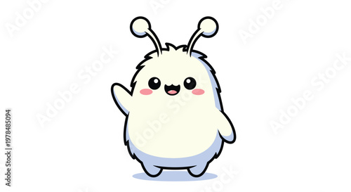 Sweet furry white monster character with two antennas and pink blushing cheeks waving happily in a cute flat vector illustration for kids.