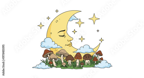 Peaceful sleeping crescent moon with a face nestled among soft clouds and forest mushrooms growing in the lush green grass below it.