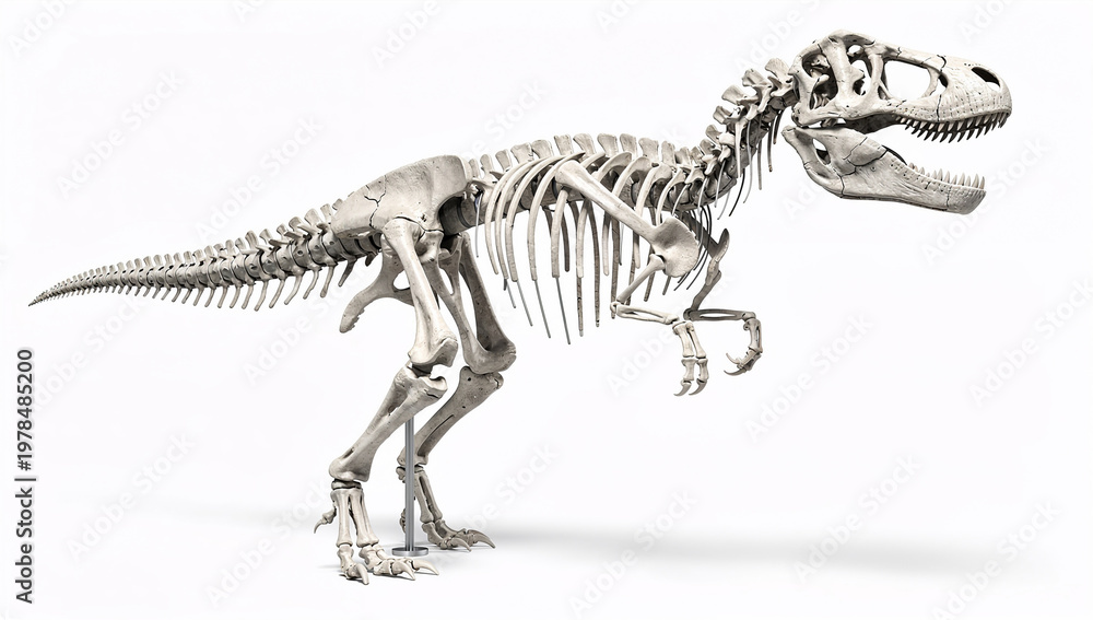 Fototapeta premium 3D Rendered Tyrannosaurus Rex Dinosaur Skeleton Fossil on Metal Display Stand Against White Background, Detailed Prehistoric Carnivore Bone Structure Natural History Museum Exhibit
