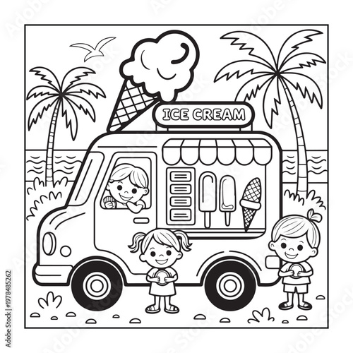 Hello, summer coloring pages for kids, teens, and adults. line art illustration.