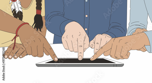 Diverse group of people collaborating and learning together, pointing at a digital tablet. Illustrative vector of teamwork and modern education.