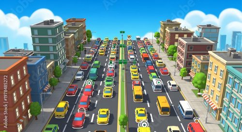 Busy City Street with Traffic Jam and Buildings.