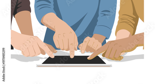 Hands of diverse individuals pointing and interacting with a digital tablet screen, symbolizing teamwork, collaboration, and shared technology experience in a modern flat design.