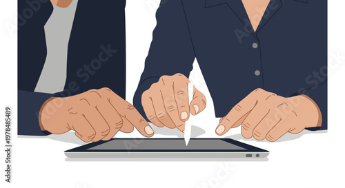 Business colleagues collaborating on a tablet device, pointing and using a stylus for digital interaction, representing teamwork, innovation, and modern technology.