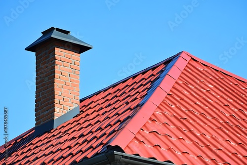New red tiled roof and brick chimney standing against a blue sky