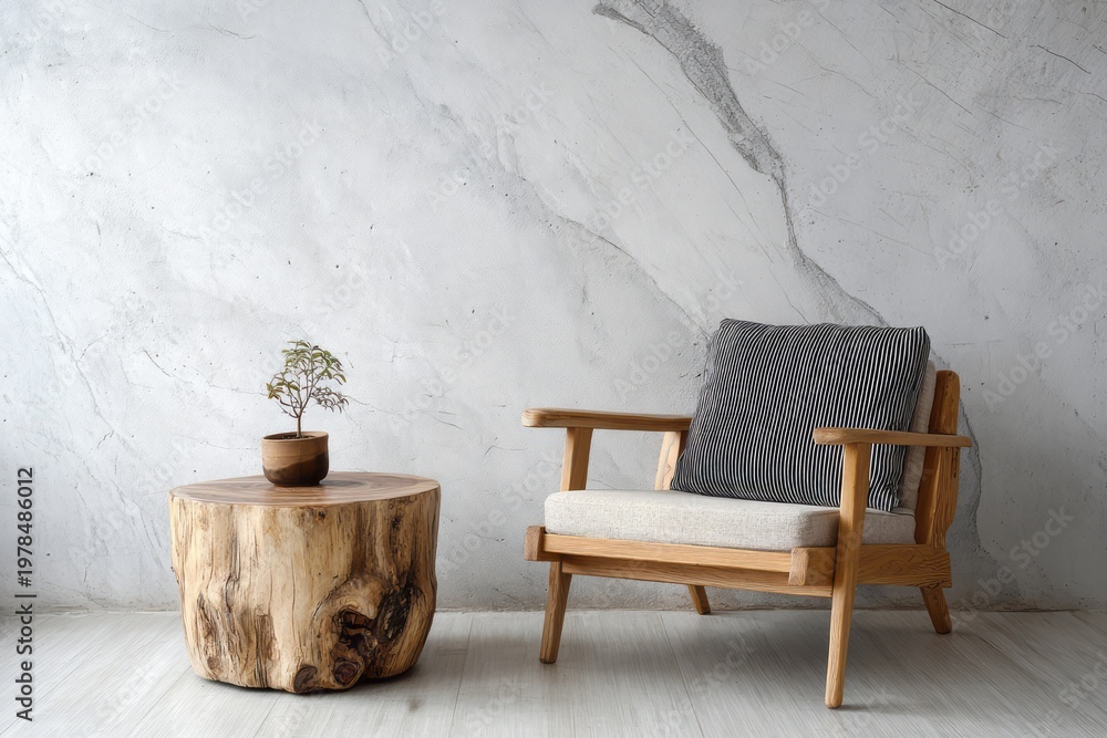 Fototapeta premium Wooden chair and stump table with plant against marble wall.