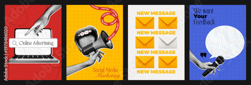 Trendy Halftone Collage Social Media Marketing Set. Digital content and online adverting. Laptop with seo. Open mouth with megaphone and text. Letter envelopes. Microphone and speech bubble message