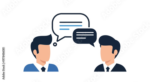 Two businessmen having a conversation with speech bubbles.