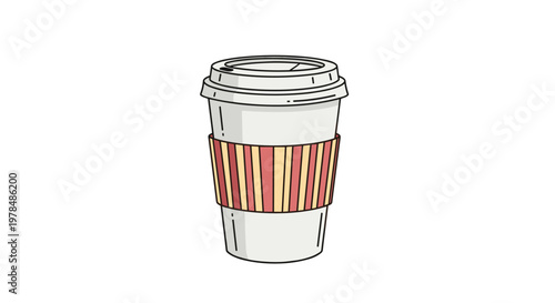 Modern take away coffee cup with a secure lid and a decorative striped heat sleeve in a clean illustration style for cafes.