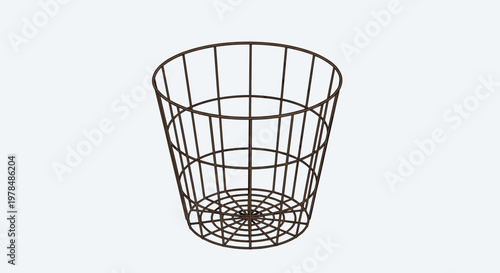Minimalist wire mesh waste basket or storage bin with a lattice design in a realistic three dimensional perspective view.