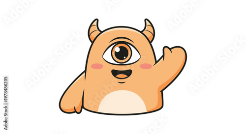 Friendly orange one eyed monster character waving and smiling in a cute and playful children s style illustration.
