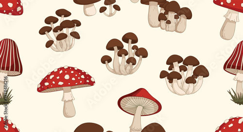 Natural seamless pattern featuring various types of mushrooms including red toadstools and brown fungi on a soft cream background.
