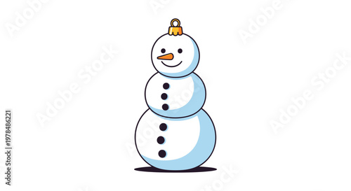 Charming three tiered snowman ornament with a carrot nose and black buttons in a festive winter holiday illustration.