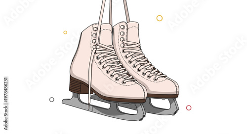 Pair of elegant white figure skates hanging by their laces in a clean and stylish winter sports themed illustration.