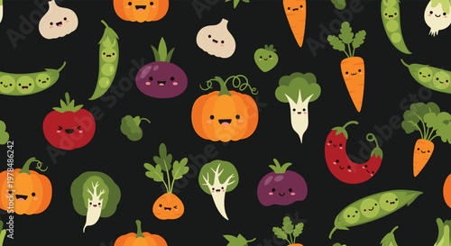 Fun and colorful seamless pattern of smiling cartoon vegetables with happy faces on a dark background for healthy food themes.